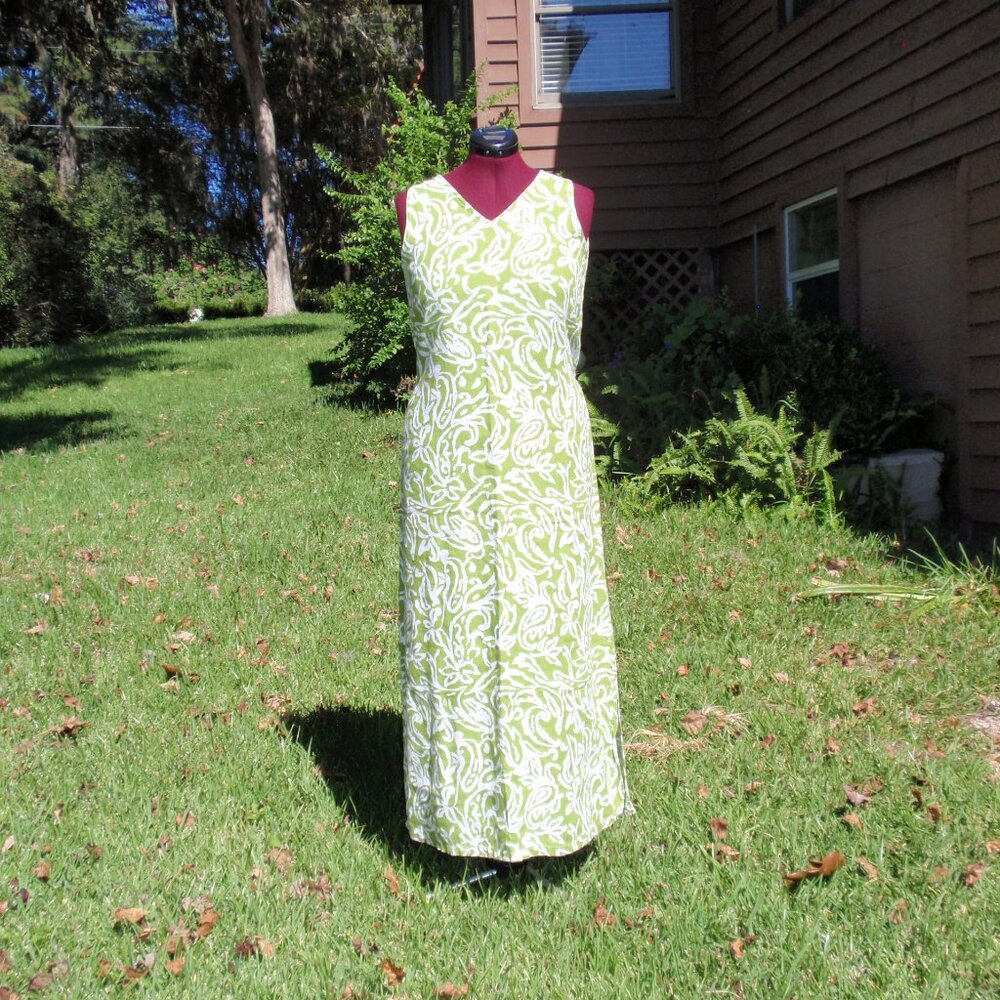 Liz & Jane Sleeveless Green White Linen Maxi Dress Sz M Vintage V-neck